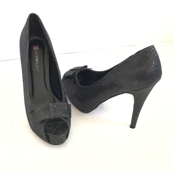 JUST FAB Stilettos Heels Peep Toe Black Pumps Shimmer Party Women’s Size 10 - Picture 13 of 16